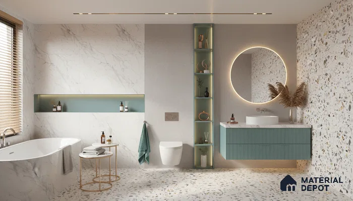 Modern bathroom design with terrazzo tiles, white marble wall tiles, and pastel green fluted vanity in Bengaluru | Material Depot