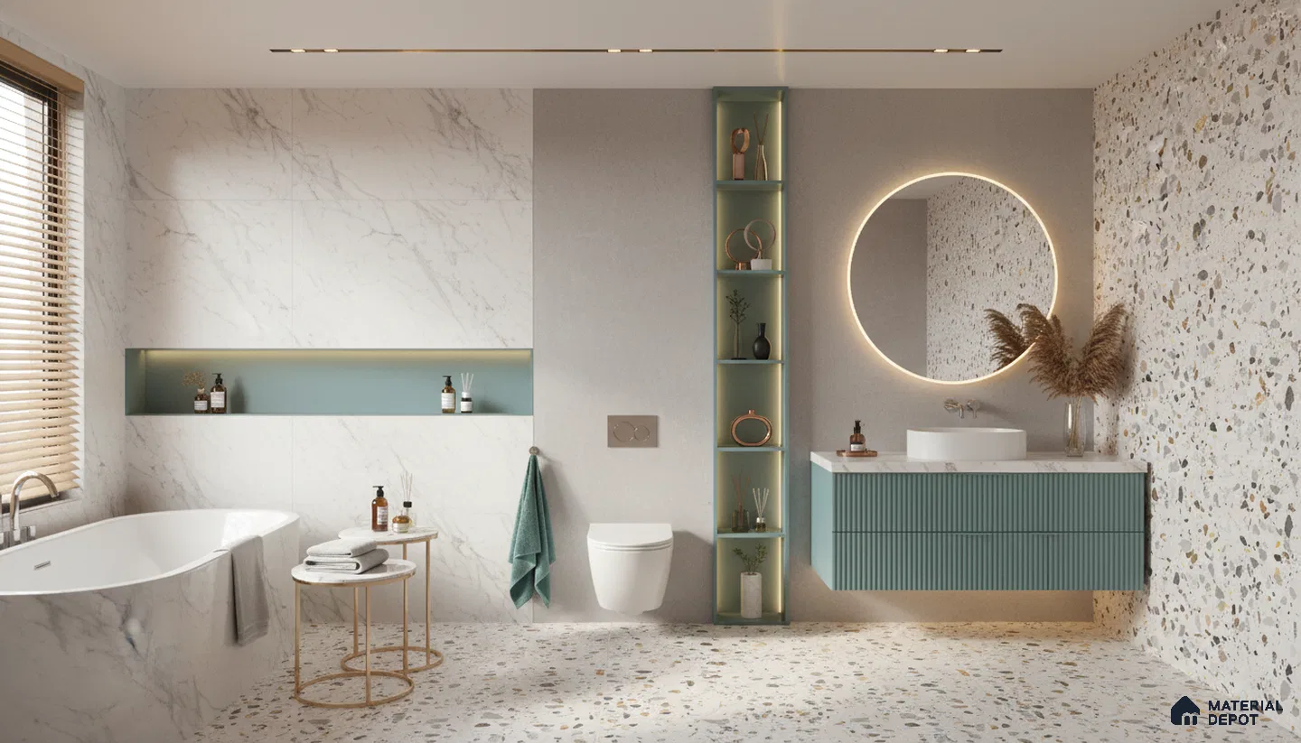 Modern bathroom design with terrazzo tiles, white marble wall tiles, and pastel green fluted vanity in Bengaluru | Material Depot