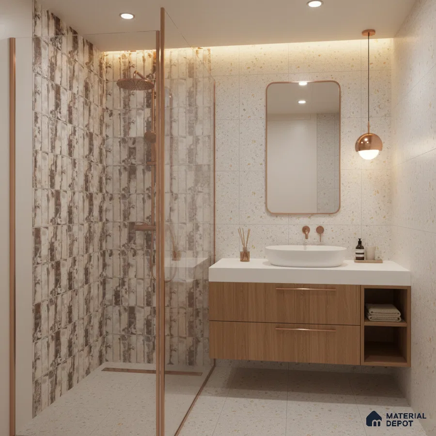 Modern bathroom with terrazzo wall and floor tiles, rustic patterned shower wall tiles, and wood laminate floating vanity | Material Depot