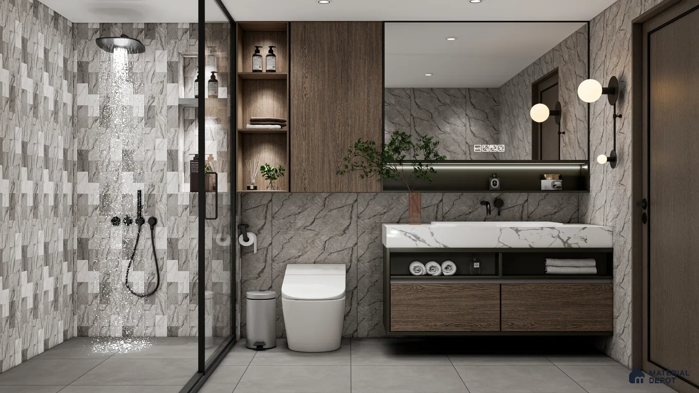 Modern Bathroom with Textured Grey Tiles and Wooden Accents | Material Depot
