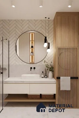 Modern Bathroom with Textured Tiles and Natural Elements | Material Depot