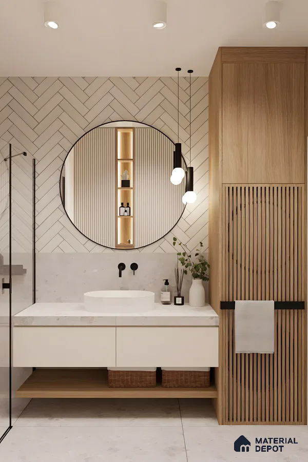 Modern Bathroom with Textured Tiles and Natural Elements | Material Depot