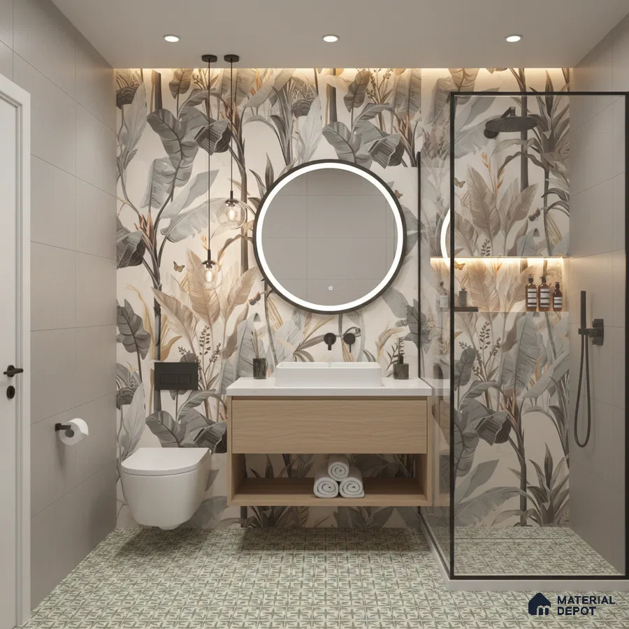 Modern bathroom design with tropical floral highlighter wall tiles, light wood vanity, and patterned green floor tiles in Bengaluru | Material Depot