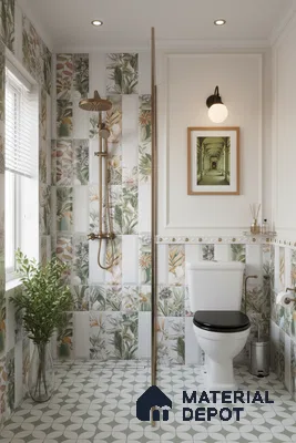 Modern bathroom with tropical floral wall tiles and geometric patterned floor tiles | Material Depot