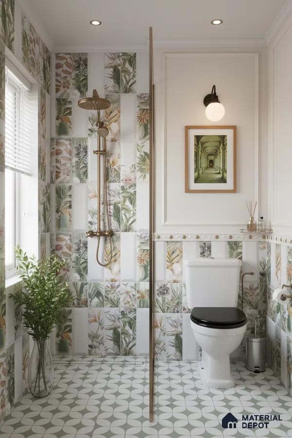 Modern bathroom with tropical floral wall tiles and geometric patterned floor tiles | Material Depot
