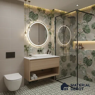 Modern bathroom design with tropical floral wall tiles, light wood vanity, and geometric patterned floor tiles in Bengaluru | Material Depot