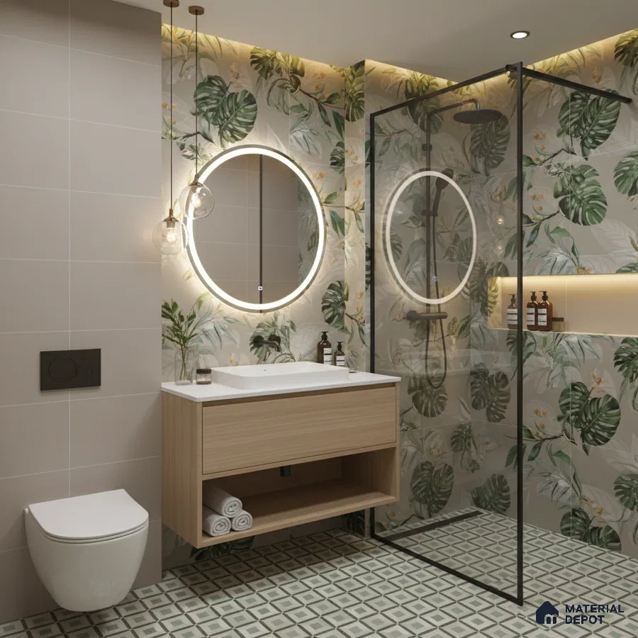 Modern bathroom design with tropical floral wall tiles, light wood vanity, and geometric patterned floor tiles in Bengaluru | Material Depot
