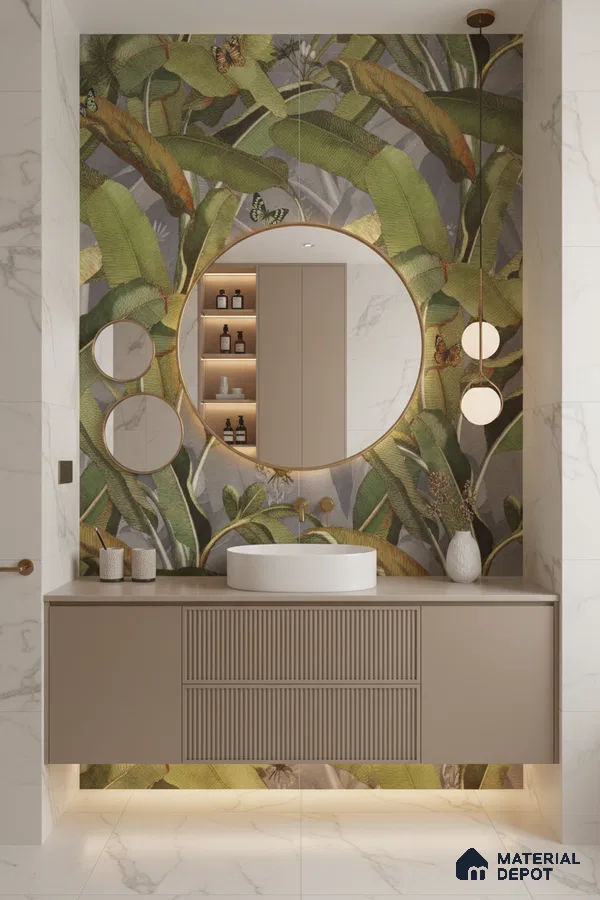 Modern bathroom design with tropical highlighter wall tile, beige fluted vanity, and marble-look wall tiles in Bengaluru | Material Depot