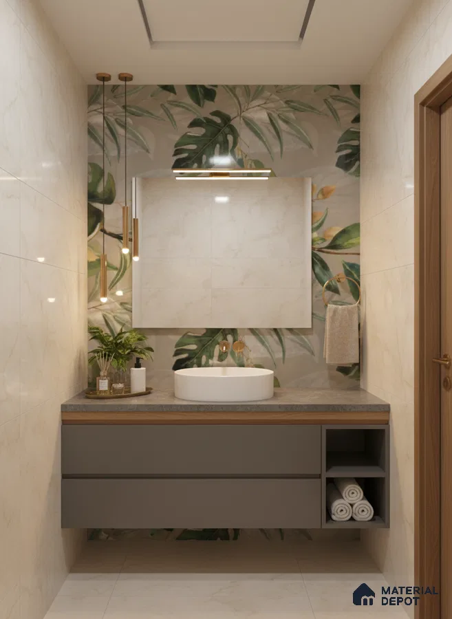 Modern bathroom with tropical highlighter wall tile, beige marble wall tiles, and grey floating vanity | Material Depot