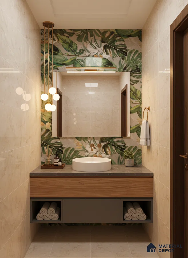 Modern bathroom with tropical highlighter wall tile, beige marble-look wall tiles, and wood finish floating vanity | Material Depot