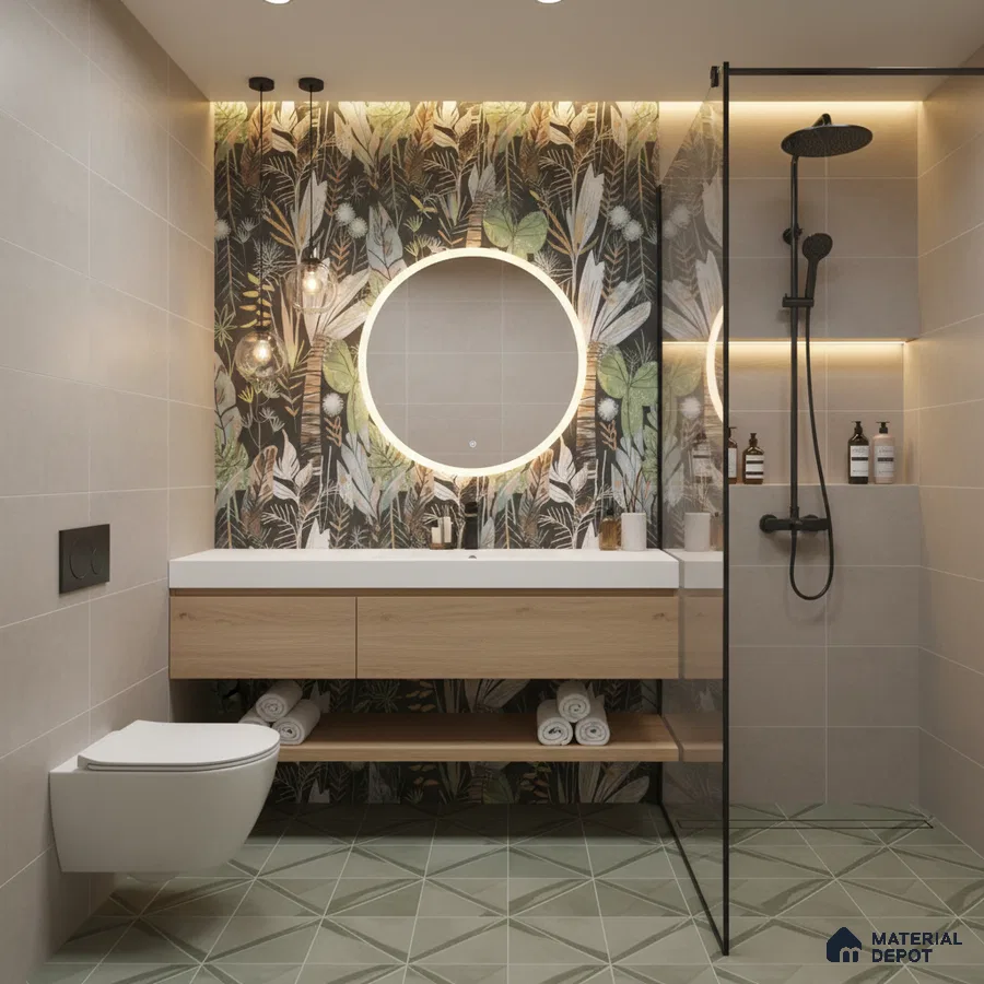 Modern bathroom design with tropical highlighter wall tile, beige wall tiles, and sage green geometric floor tiles in Bengaluru | Material Depot