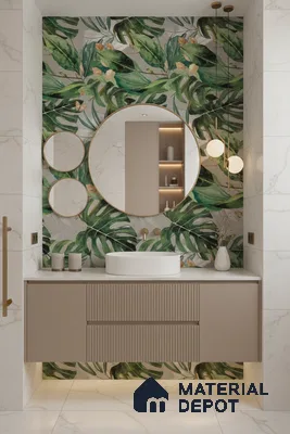 Modern bathroom design with tropical highlighter wall tile, marble-look wall and floor tiles, and fluted taupe vanity in Bengaluru | Material Depot