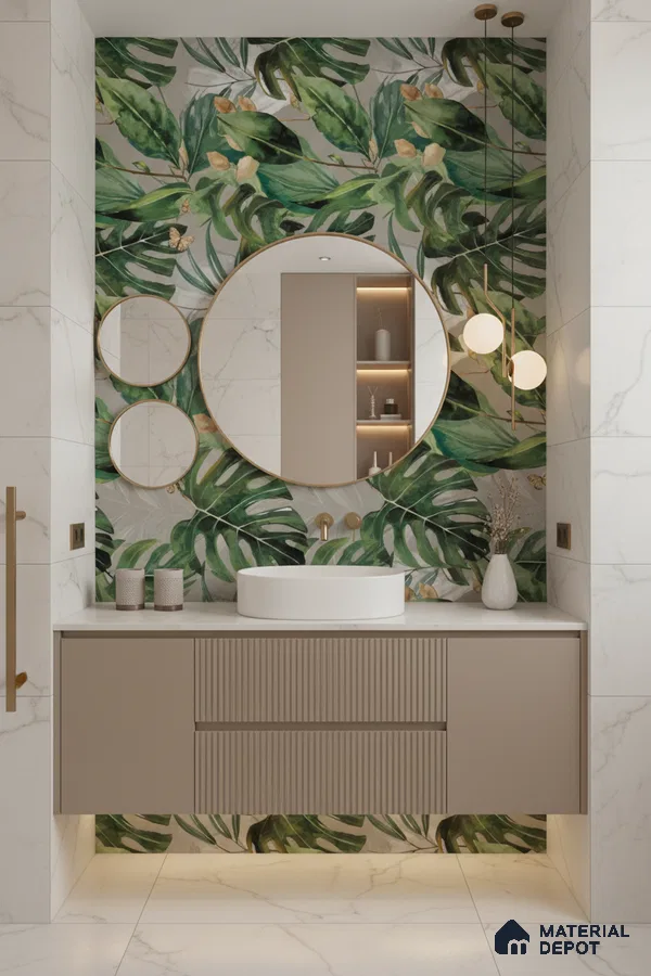 Modern bathroom design with tropical highlighter wall tile, marble-look wall and floor tiles, and fluted taupe vanity in Bengaluru | Material Depot