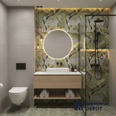 Modern bathroom design with tropical highlighter wall tiles, light wood vanity, and geometric green floor tiles in Bengaluru | Material Depot