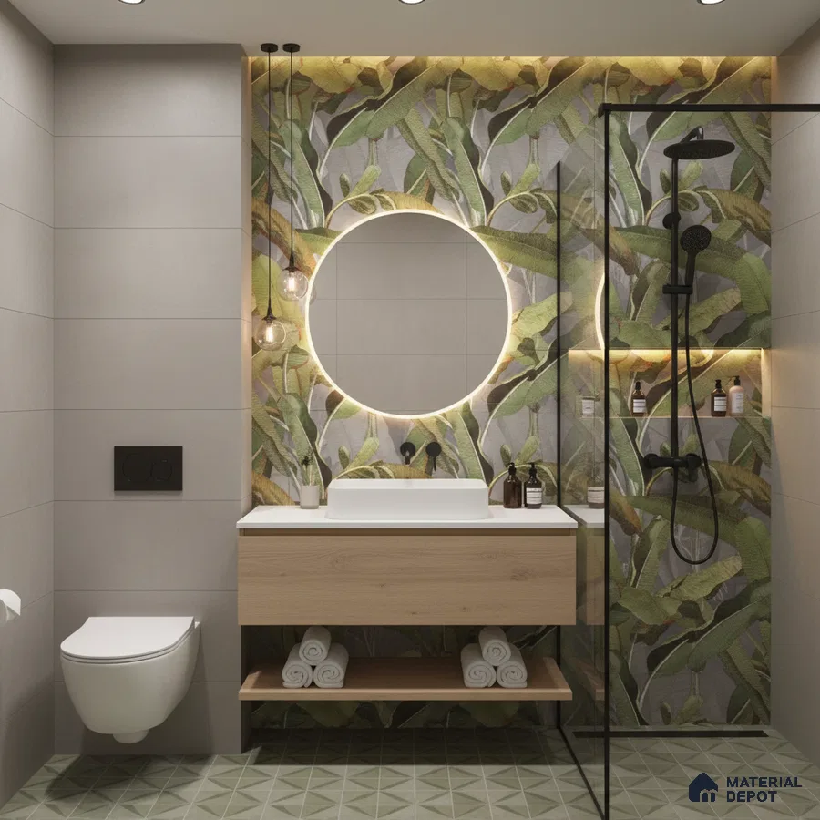Modern bathroom design with tropical highlighter wall tiles, light wood vanity, and geometric green floor tiles in Bengaluru | Material Depot