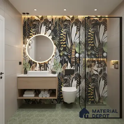 Modern bathroom design with tropical highlighter wall tiles, sage green geometric floor tiles, and floating wood vanity in Bengaluru | Material Depot