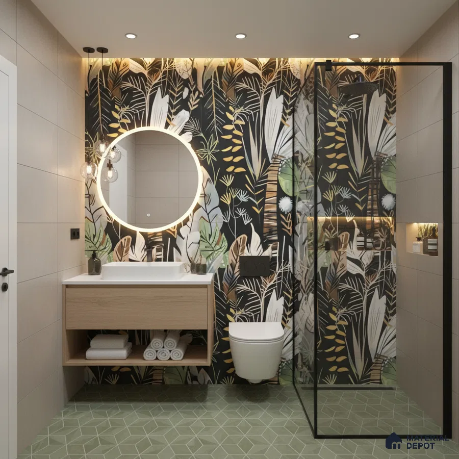 Modern bathroom design with tropical highlighter wall tiles, sage green geometric floor tiles, and floating wood vanity in Bengaluru | Material Depot