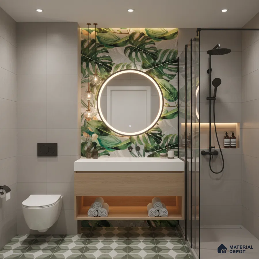 Modern bathroom design with tropical leaf highlighter tile, light grey wall tiles, and geometric green floor tiles in Bengaluru | Material Depot