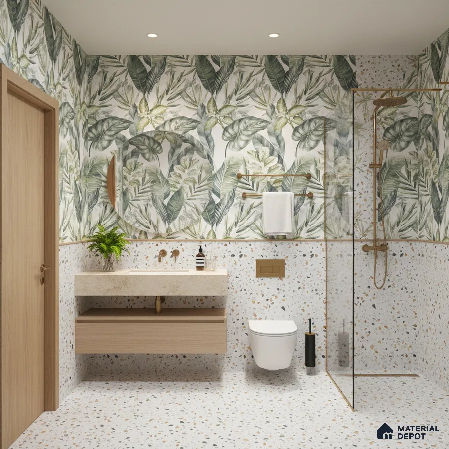 Modern bathroom design with tropical leaf highlighter wall tile and terrazzo wall and floor tiles in Bengaluru | Material Depot