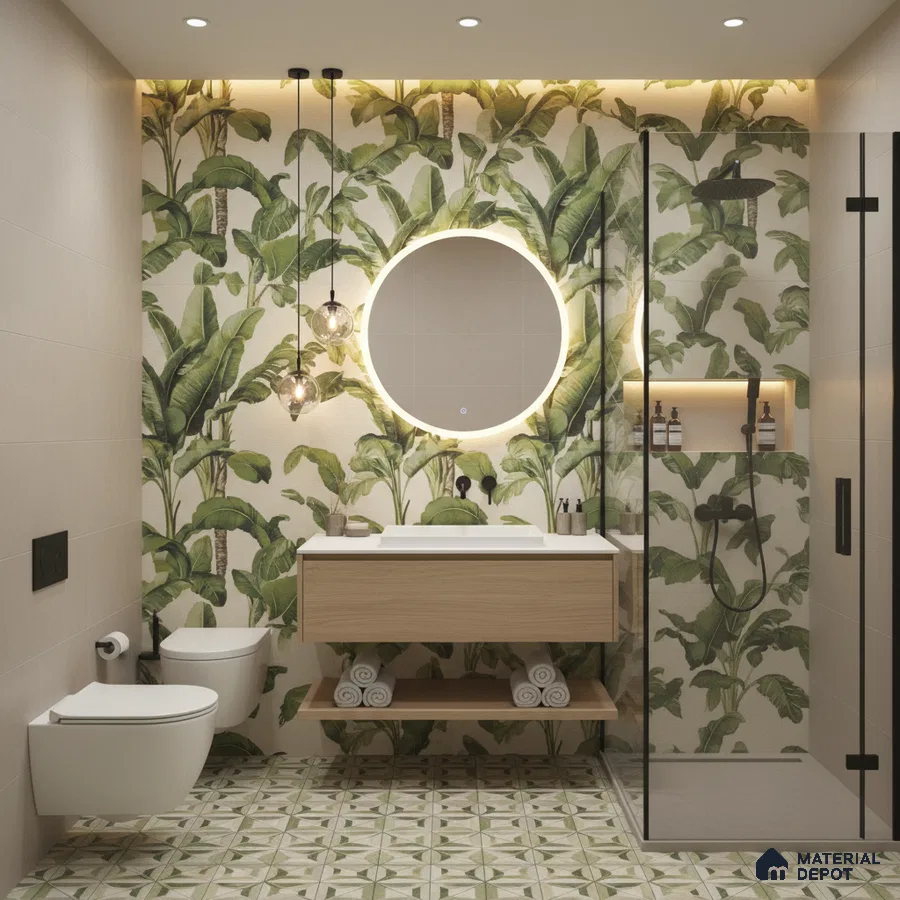 Modern bathroom design with tropical leaf highlighter wall tiles, geometric patterned floor tiles, and floating wood vanity in Bengaluru | Material Depot