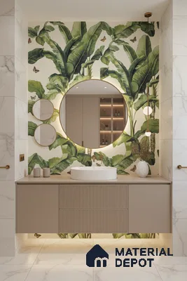 Modern bathroom design with tropical tile, marble wall tiles, and taupe fluted vanity in Bengaluru | Material Depot