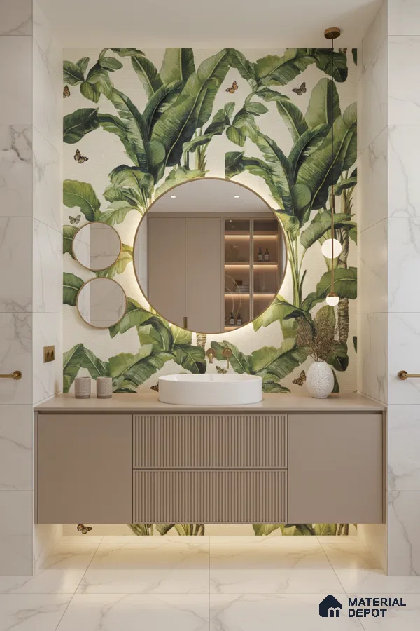 Modern bathroom design with tropical tile, marble wall tiles, and taupe fluted vanity in Bengaluru | Material Depot