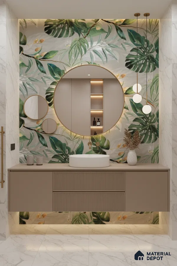 Modern bathroom design with tropical tile, taupe fluted vanity, and white marble tiles in Bengaluru | Material Depot