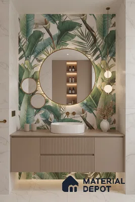 Modern bathroom design with tropical tile, taupe fluted vanity, and white marble wall tiles in Bengaluru | Material Depot