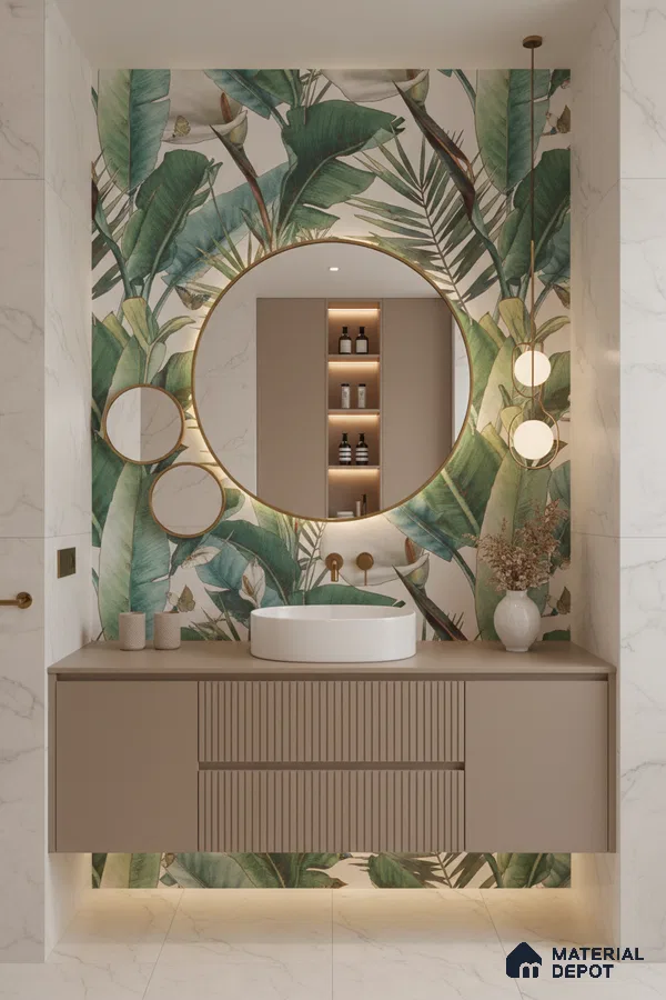 Modern bathroom design with tropical tile, taupe fluted vanity, and white marble wall tiles in Bengaluru | Material Depot