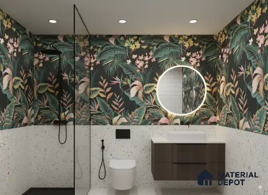 Modern Bathroom with Tropical Wallpaper and Terrazzo Finish in 3BHK Apartment, Sumadhura Silver Ripples Whitefield | Material Depot