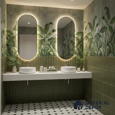 Modern bathroom with tropical wallpaper, olive green kitkat wall tiles, and black-and-white geometric floor tiles