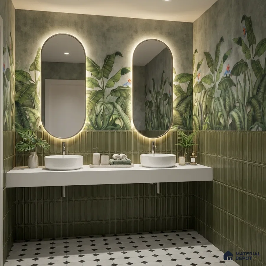 Modern bathroom with tropical wallpaper, olive green kitkat wall tiles, and black-and-white geometric floor tiles
