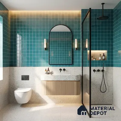 Modern bathroom with turquoise blue wall tiles, terrazzo wall and floor tiles, and fluted wood vanity