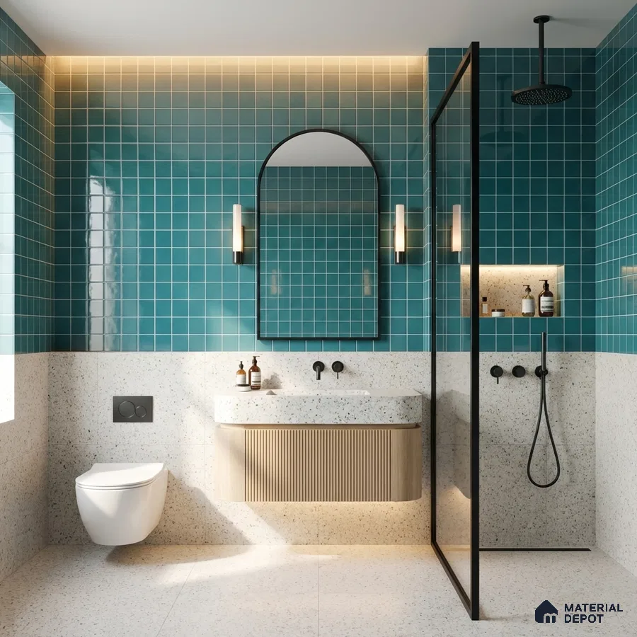 Modern bathroom with turquoise blue wall tiles, terrazzo wall and floor tiles, and fluted wood vanity