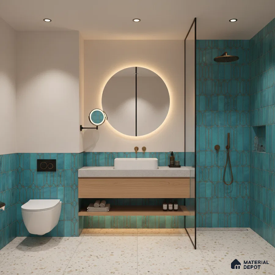Modern bathroom with turquoise geometric wall tiles, terrazzo floor tiles, and floating wood vanity | Material Depot