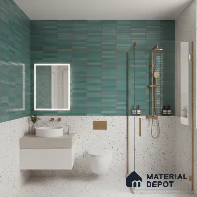 Modern bathroom with turquoise kitkat subway wall tiles and terrazzo wall and floor tiles | Material Depot