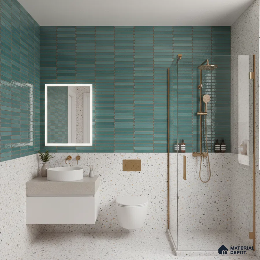 Modern bathroom with turquoise kitkat subway wall tiles and terrazzo wall and floor tiles | Material Depot