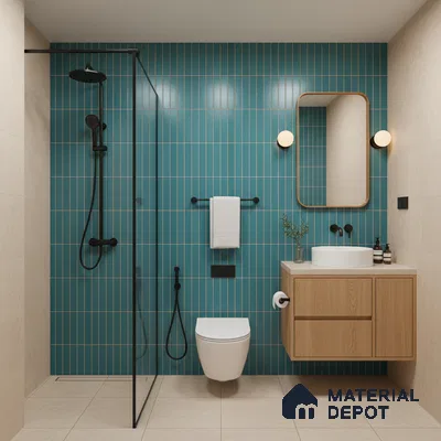 Modern bathroom with turquoise kitkat subway wall tiles, beige floor tiles, and light oak laminate vanity | Material Depot