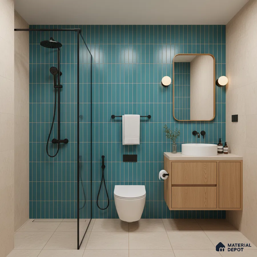 Modern bathroom with turquoise kitkat subway wall tiles, beige floor tiles, and light oak laminate vanity | Material Depot