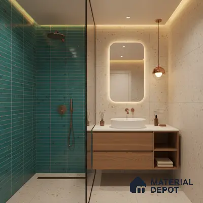 Modern bathroom with turquoise kitkat subway wall tiles, terrazzo floor and wall tiles, and floating wood vanity | Material Depot