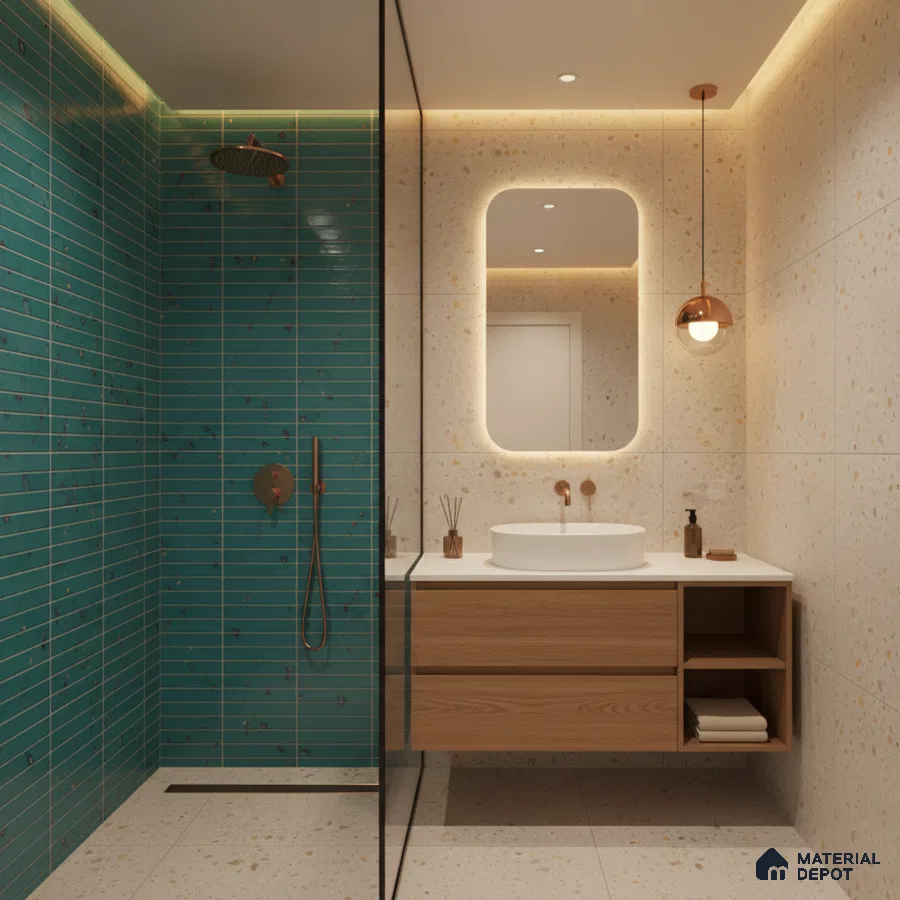 Modern bathroom with turquoise kitkat subway wall tiles, terrazzo floor and wall tiles, and floating wood vanity | Material Depot
