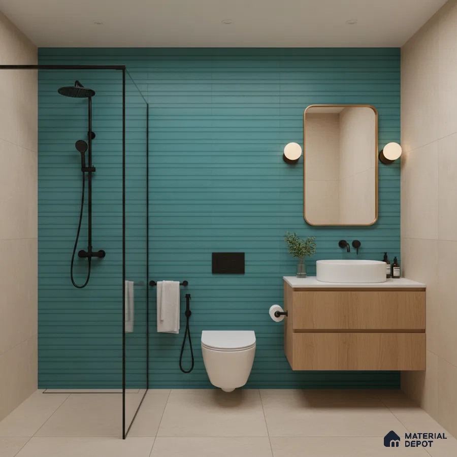 Modern bathroom with turquoise kitkat wall tiles, beige floor tiles, and light oak floating vanity | Material Depot