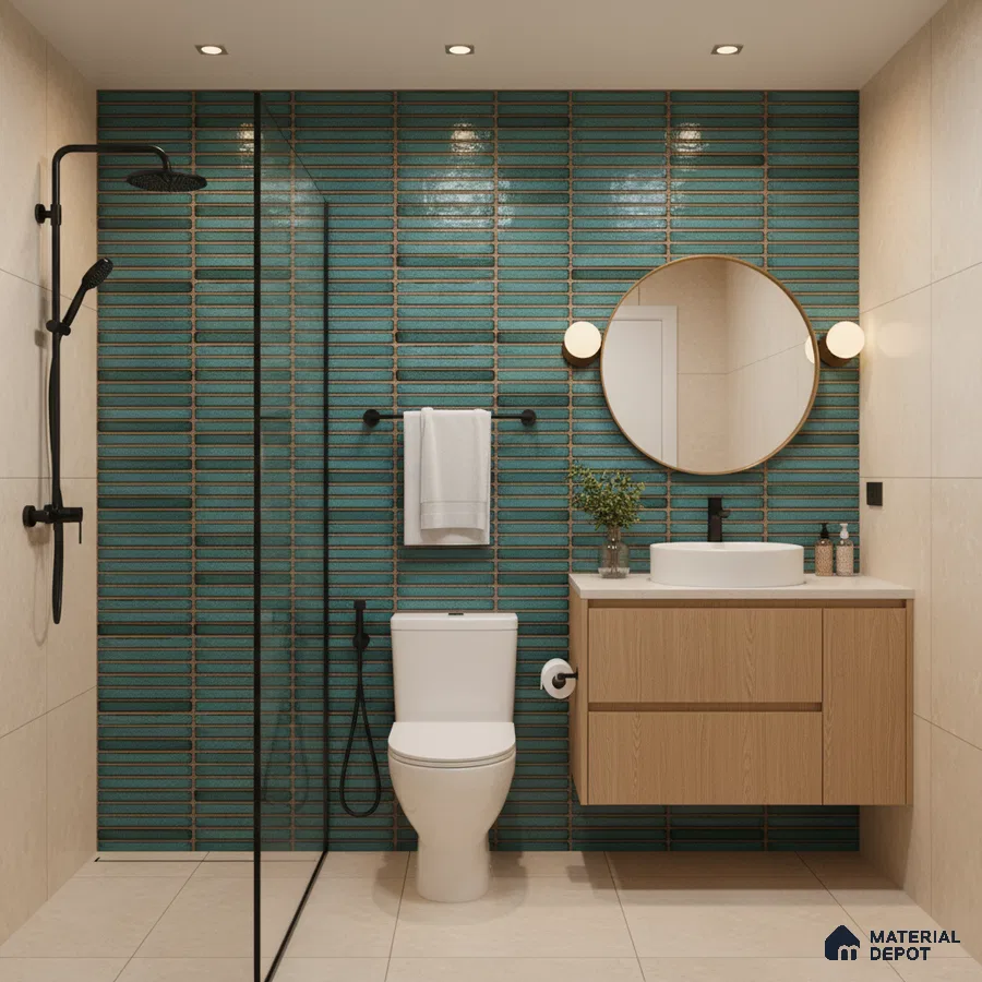 Modern bathroom with turquoise kitkat wall tiles, beige floor tiles, and light oak floating vanity | Material Depot