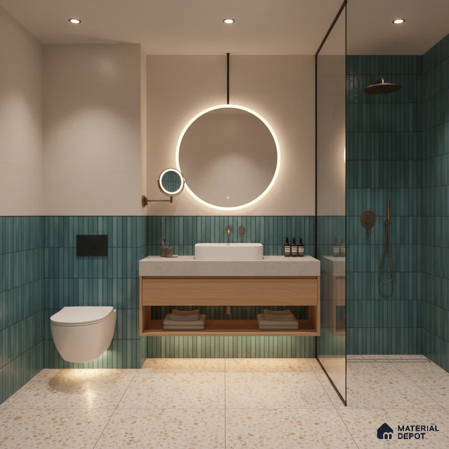 Modern bathroom with turquoise kitkat wall tiles, terrazzo floor tiles, and floating wood vanity | Material Depot