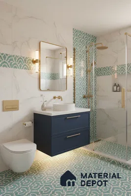 Modern bathroom with turquoise patterned floor and wall tiles, marble-look wall tiles, and navy blue vanity in Bengaluru | Material Depot