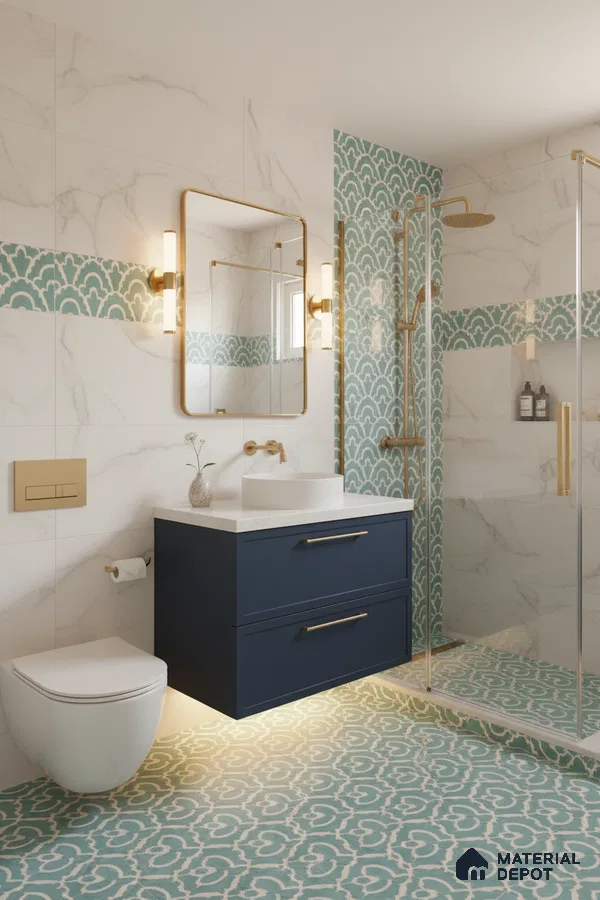 Modern bathroom with turquoise patterned floor and wall tiles, marble-look wall tiles, and navy blue vanity in Bengaluru | Material Depot