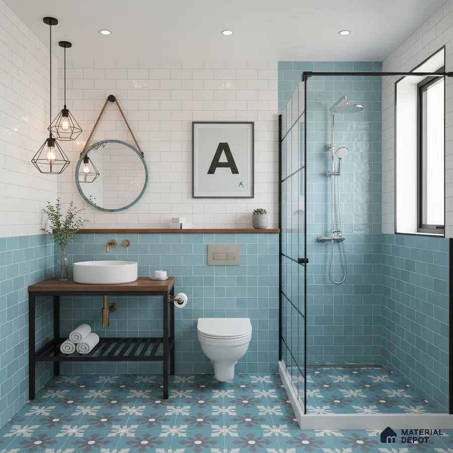 Modern bathroom with turquoise subway wall tiles and blue floral patterned floor tiles in Bengaluru | Material Depot