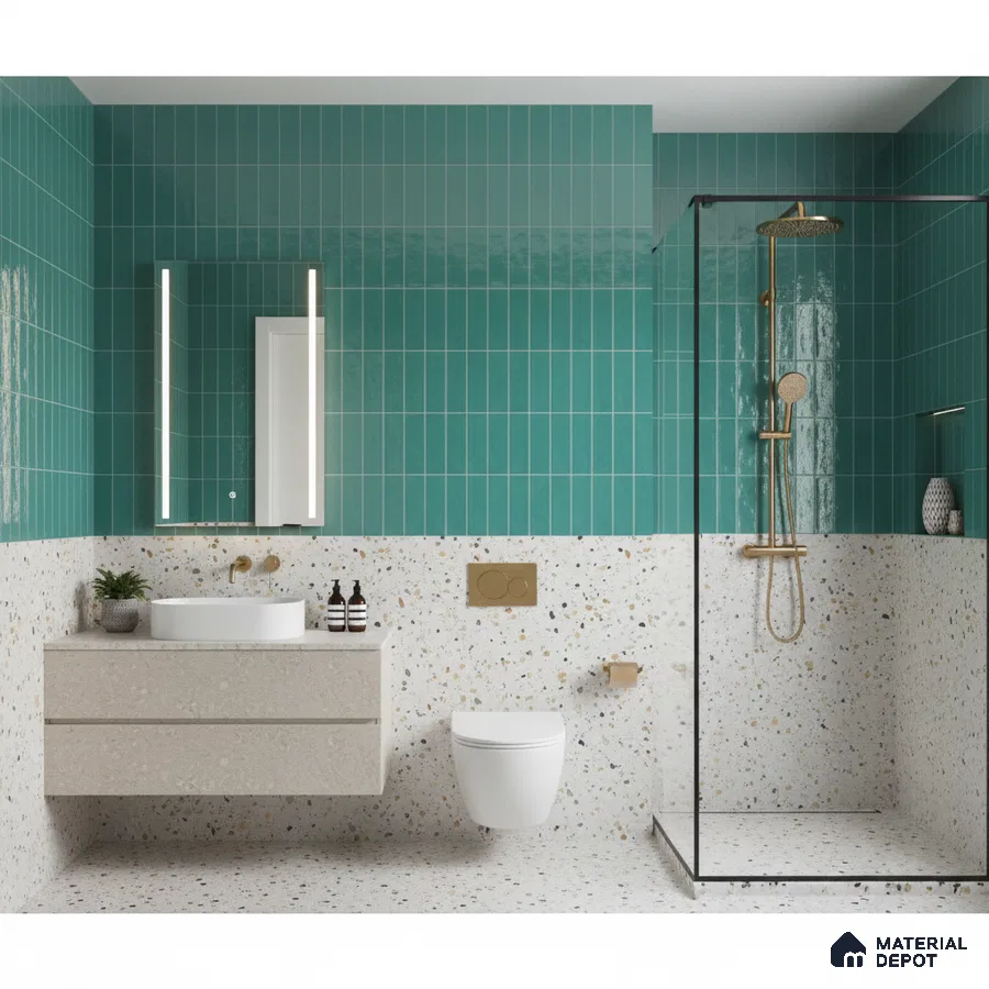 Modern bathroom with turquoise subway wall tiles and terrazzo wall and floor tiles | Material Depot