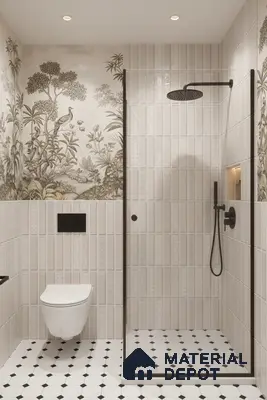 Modern bathroom with vertical beige subway wall tiles, nature-themed wallpaper, and black-and-white geometric floor tiles | Material Depot