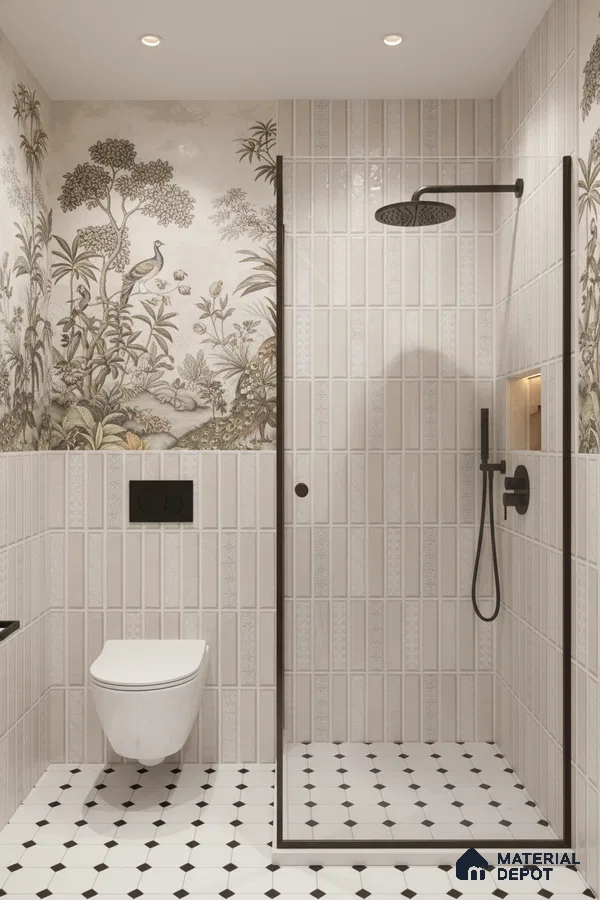 Modern bathroom with vertical beige subway wall tiles, nature-themed wallpaper, and black-and-white geometric floor tiles | Material Depot